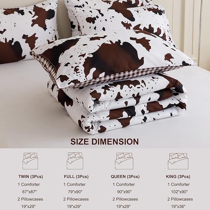 PERFEMET Queen Size Cow Print Bedding Comforter Set, Brown White Cowhide Western Comforter Sets, Geometric Checkered Reversible Cowboy Quilt Set (Brown White, Queen)