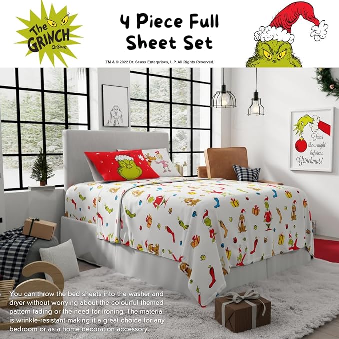 Collectibles Dr. Seuss The Grinch Holiday & Christmas Bedding Super Soft Microfiber 4 Piece Full Sheet Set, (Officially Licensed Product) by Franco