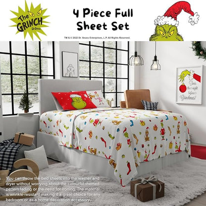 Collectibles Dr. Seuss The Grinch Holiday & Christmas Bedding Super Soft Microfiber 4 Piece Full Sheet Set, (Officially Licensed Product) by Franco