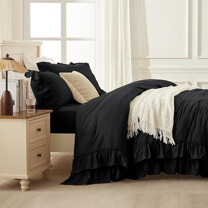 Andency Black Twin Size Comforter Set(66x90Inch), 2 Pieces Fluffy Farmhouse Shabby Chic Ruffle Bedding Comforter Sets, All Season Soft Lightweight Polyester Bedding Set for Kids