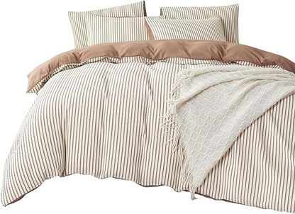 Comforter Set King Dark Brown Striped Soft Luxury Washed Microfiber Jacquard 3 Pieces Bedding, White Dark Brown Vertical Ticking Stripes Comforter with 2 Pillowcases Breathable Durable Comfy