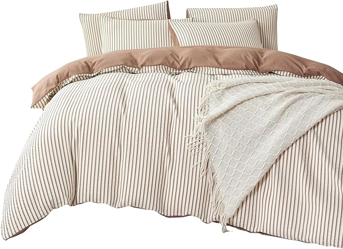 Comforter Set Queen Size Striped Soft Luxury Washed Microfiber Jacquard 3 Pieces Bedding, White Dark Brown Vertical Ticking Stripes Comforter with 2 Pillowcases Breathable Durable Comfy