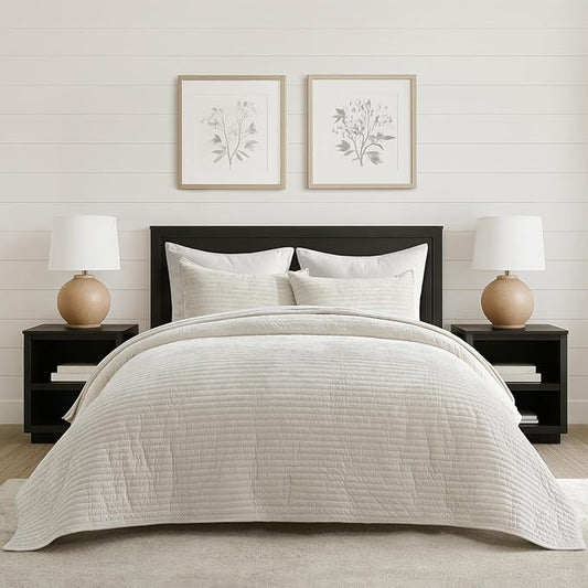 EVERGRACE Velvet Quilt Set California King 118'' x 106'', Luxurious Soft Striped Channel Bedding Set, Lightweight Velvet Comforter for All Season, Oversized Bedspread Coverlet w/ 2 Shams, Ivory White