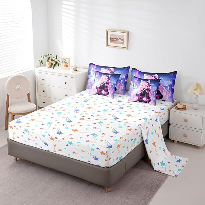 Erosebridal Full Anime Girl Bedding Set 7 Piece, Kawaii Japanese Anime Comforter Sets Cartoon Girl Sheet Set Sci Fi Style Japanese Animation Bed in A Bag for Kids Girls Teens Adult Women Room