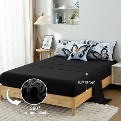 A Nice Night 6pcs Bed in A Bag Black and Glod Dreamy 3D Butterfly Printed, with Pearl Flower Design Butterflies Bedding Full Comforter Set, for Girls Kids Teens