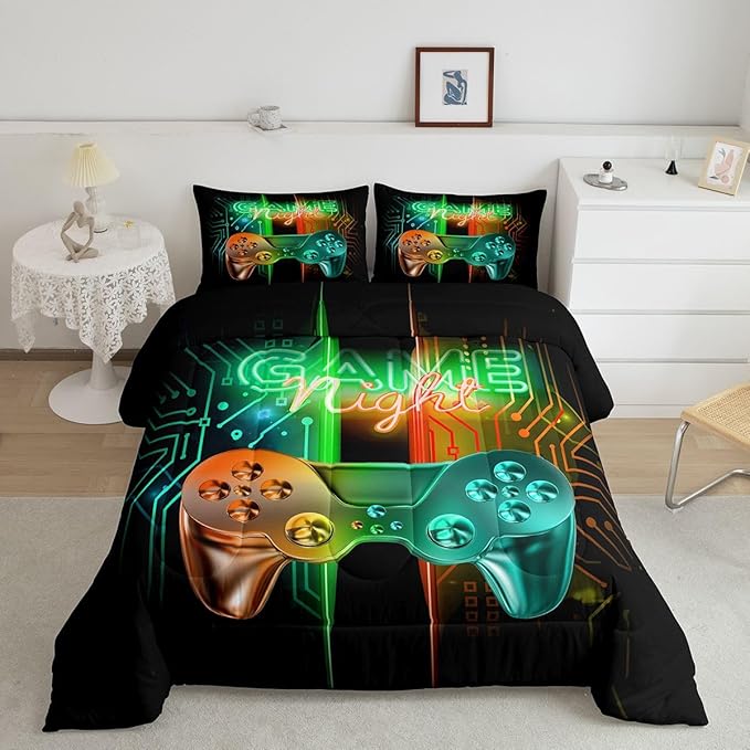Feelyou Gamer Comforter Kids Gaming Video Game Comforter Set for Boys Teens Noverlty Modern Gamepad Bedding Set Breathable Gamer Console Bedding Duvet Set Bright Orange Green Room Decor Toddler Size