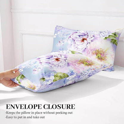 YIYEA Pillow Cases Standard Size Set of 4, Ultra Soft 1800TC Hotel Quality Double Brushed Microfiber Embroidered Pillowcases and Floral Pillow Covers, Envelope Closure, Fade Resistant (20"x26")