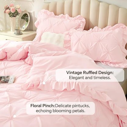 BEDELITE Baby Pink King Size Comforter Set - 3 Pieces Boho Ruffle Pintuck Bedding Comforter Sets, Lightweight Soft & Warm King Bedding Set with 2 Pillowcases for All Season