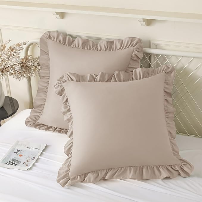 KKJIAF Ruffle Pillow Cases 26x26 Inches, Khaki Square Ruffled Pillow Covers Set of 2, Microfiber Wrinkle Resistant Pillow Shams with Envelope Closure for Sofa Bed Living Room