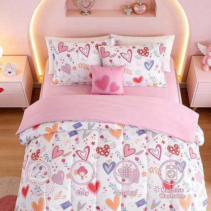 Kids Comforter Set Full Size for Girls, Heart Bedding Set 1 Comforter, 1 Decor Pillow, 2 Pillow Shams