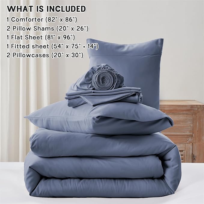 Anluoer Grayish Blue Full Comforter Set 7 Pieces, Bed in a Bag with Sheets, All Season Bedding Sets with 1 Comforter, 2 Pillow Shams, 2 Pillowcases, 1 Flat Sheet, 1 Fitted Sheet