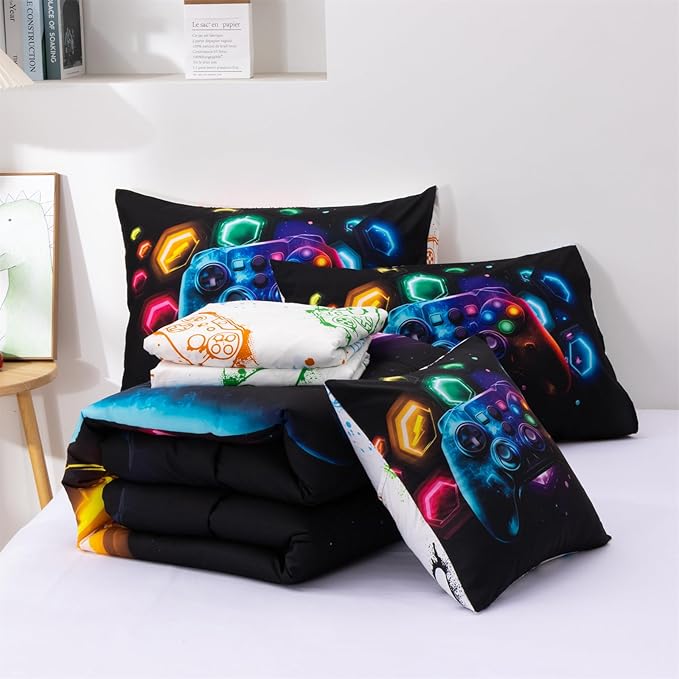 Aimuan Game Console Comforter Set for Boys Girls Kids Space Universe Gaming Geometric Lightweight Microfiber Gamer Bedding Sets (Black-Multi, Full 6Pcs)