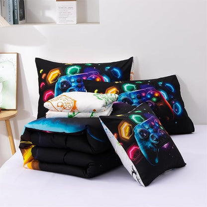 Aimuan Game Console Comforter Set for Boys Girls Kids Space Universe Gaming Geometric Lightweight Microfiber Gamer Bedding Sets (Black-Multi, Full 6Pcs)