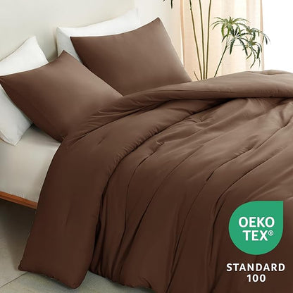 CozyLux King Size Comforter Set Brown, 3 Pieces Solid Comforters King Size Breathable Quilted Bedding Sets, Luxury Soft Lightweight Bed Set with Down Alternative Comforter and 2 Pillowcases All Season