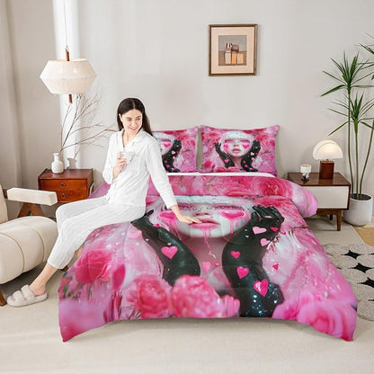 Erosebridal Anime Pink Bedding Kawaii Girl Kids Comforter Sets for Girls Romance Rose Modern Lady Bed Set, Romantic Japanese Girl Down Comforter with Love Hearts Duvet Set Full with 2 Pillowcases