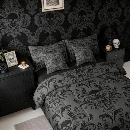 Erosebridal Gothic Damask Bed in a Bag Queen Comforter Set 7 Piece,Sugar Skull Bedding Sets Black Grey Victorian Floral Goth Sheet Set with Comforter