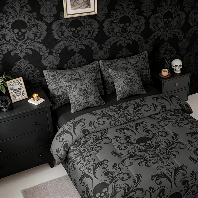 Erosebridal Gothic Damask Comforter Set 7 Piece Bed in a Bag Twin,Sugar Skull Bedding Sets Black Grey Victorian Floral Goth Sheet Set with Comforter