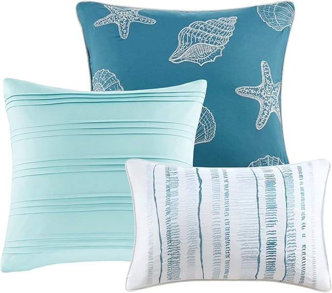 Madison Park Quilt Set Cottage Coastal Design, 6 Piece Set - All Season, Coverlet Bedspread Lightweight Bedding Layer, Shams, Toss Pillows, King/Cal King(104 in x 94 in), Aqua/White