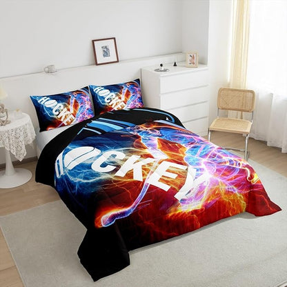 Ice Hockey Comforter Set King, Puck Hockey Player Bedding Sets for Kids Boys Girls Teens, Red Blue Lightening Duvet Insert, Winter Sports Game Down Comforter Bedroom Decor for All Season, 3 Pieces