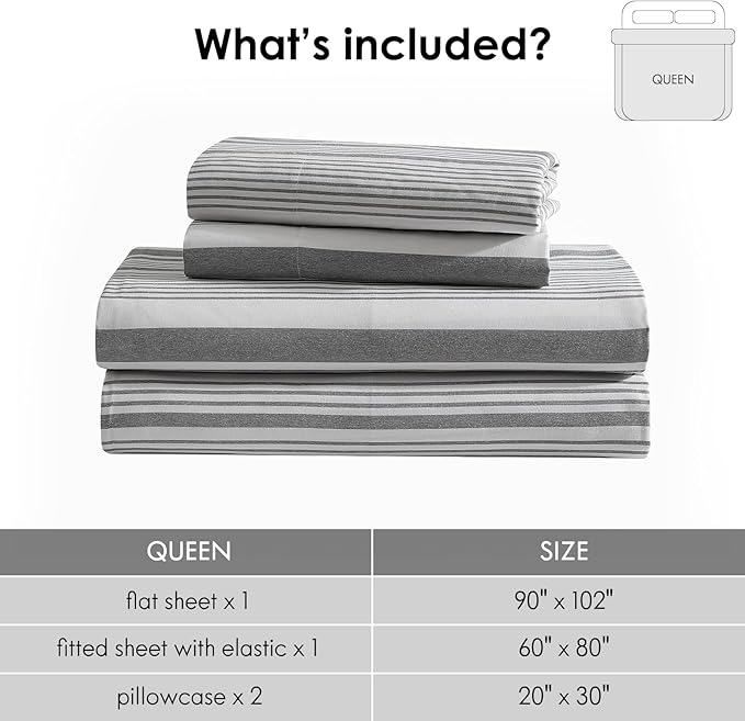 ClevaHome Classic Stripe Sheet Set - 4 Pieces Super Soft & Breathable Bed Sheet Set with Deep Pocket, Enhanced Comfort & Easy Care (Queen, Stone Stripe)