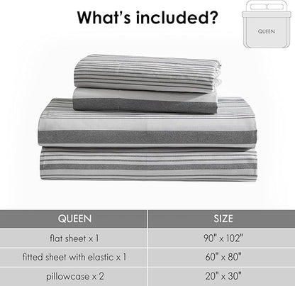 ClevaHome Classic Stripe Sheet Set - 4 Pieces Super Soft & Breathable Bed Sheet Set with Deep Pocket, Enhanced Comfort & Easy Care (Queen, Stone Stripe)