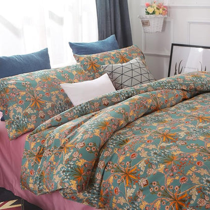 VM VOUGEMARKET Gold Flower Comforter Set Twin XL,Aesthetic Boho Bedding Set Royal Sage Green Floral Comforter with 2 Pillowcases