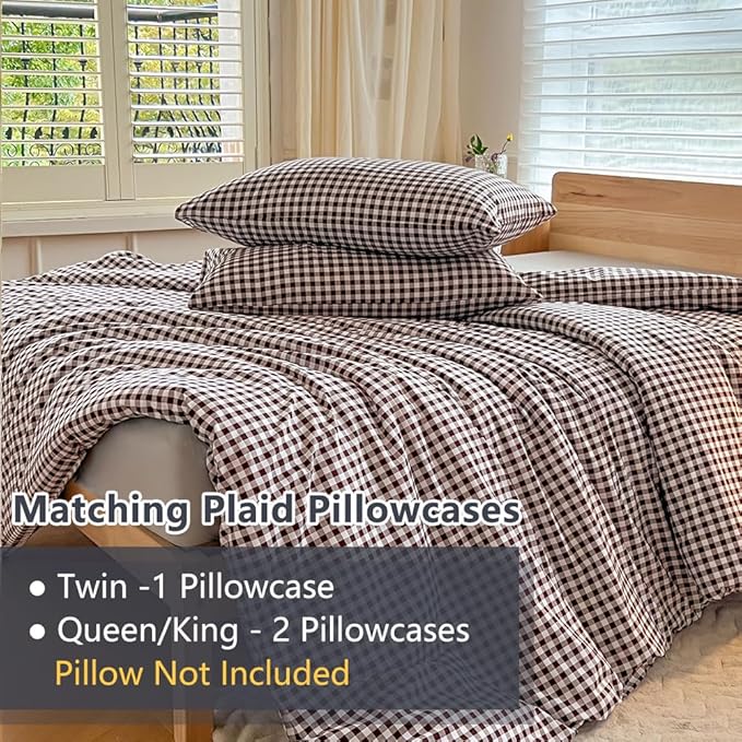 NSNLGSGC King Size Comforter Set, Mocha Gingham Bedding Comforter Sets, Dark Brown Grid Bed Comforter 3 Pieces (1 Comforter, 2 Pillowcases)