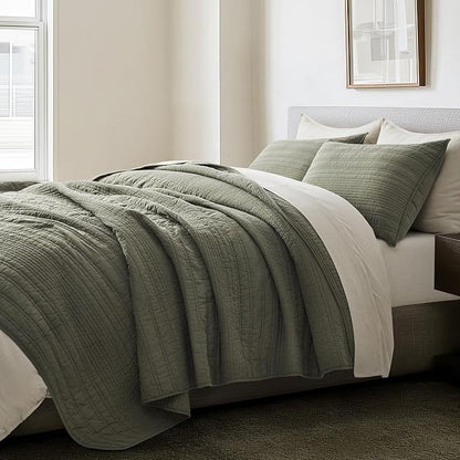 EVERGRACEHOME 100% Cotton Modern Lines Quilt Set Queen Size, Pre-Washed Soft Striped Coverlet Bedspread, 3 Piece Lightweight Bedding Set for All Season, with 2 Pillow Shams, Olive Green