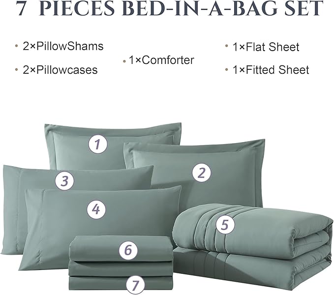 Monbix Full Size Comforter Sets - 7 Pieces Sage Green Bed in a Bag Full Size Bedding Sets with Comforter, Sheets, Pillowcases & Shams