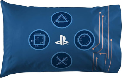 Jay Franco Kids Sheet Cartoon Set with Fitted, Flat Sheets & Pillow Cover - Ultra-Soft Bedding with Pillowcase for Room Decor, Blue - PlayStation, 4 Piece Queen