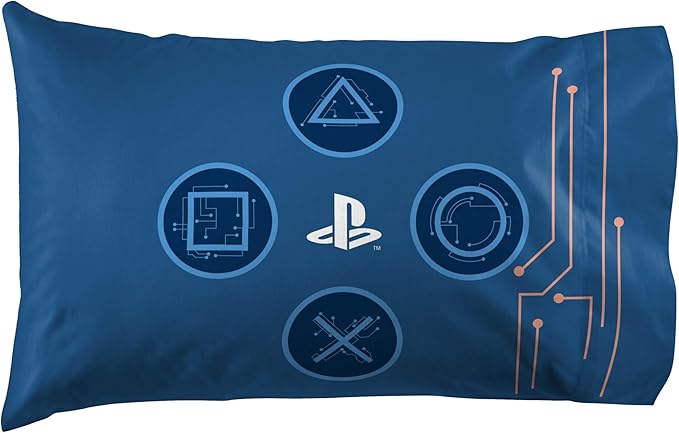 Jay Franco Kids Sheet Cartoon Set with Fitted, Flat Sheets & Pillow Cover - Ultra-Soft Bedding with Pillowcase for Room Decor, Blue - PlayStation, 4 Piece Full