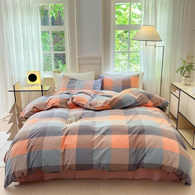 FACE TWO FACE Bedding Duvet Cover Set100% Washed Cotton Duvet Cover Linen Like Textured Breathable Durable Soft Comfy (Queen, Cookie Powder Grid)