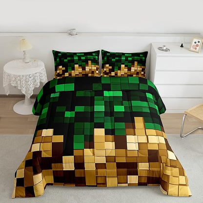 Pixelated Miners Blocks Kids Bedding Set Queen Size,Patchwork Square Video Games Comforter Set,Geometric Patchwork Grid Quilt Comforter,Green Yellow Bedroom Duvet Insert,2 Pillowcases