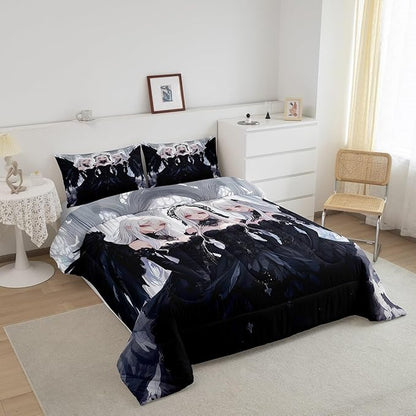Erosebridal Japanese Anime Toddler Size Comforter Set, Anime Girl Bedding Set Kawaii Japanese Style Quilt Cartoon Japan Animation Duvet Insert for Boys Teens Adult Women Bedroom Decor, Black