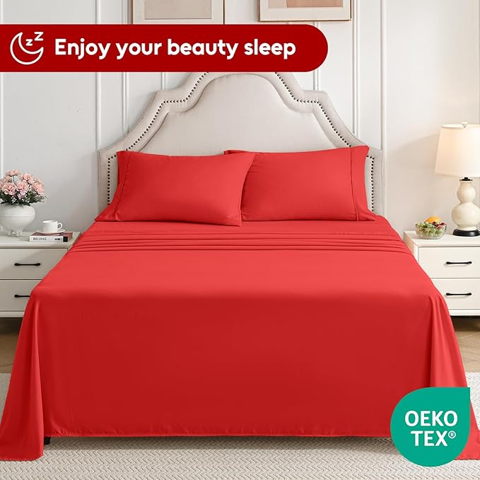 Full Size Bed Sheets Set, 4 Pieces Hotel Luxury Soft Microfiber Bed Sheets Set, Up to 16" Deep Pockets, Oeko-Tex Sheets with Elastic, Breathable, Wrinkle Free (Red, Full)