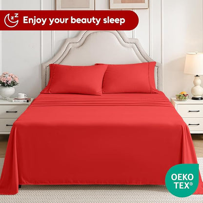 Full Size Bed Sheets Set, 4 Pieces Hotel Luxury Soft Microfiber Bed Sheets Set, Up to 16" Deep Pockets, Oeko-Tex Sheets with Elastic, Breathable, Wrinkle Free (Red, Full)