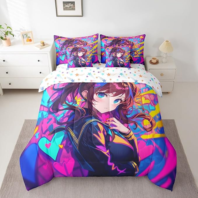 Erosebridal Anime Girl King Comforter Set 7 Piece, Japanese Anime Bedding Set for Kids Girls Teens Adult Bedroom, Cartoon Girl Bed in A Bag Kawaii Japanese Animation Sheet Set, Purple