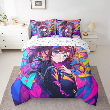 Erosebridal Anime Girl King Comforter Set 7 Piece, Japanese Anime Bedding Set for Kids Girls Teens Adult Bedroom, Cartoon Girl Bed in A Bag Kawaii Japanese Animation Sheet Set, Purple