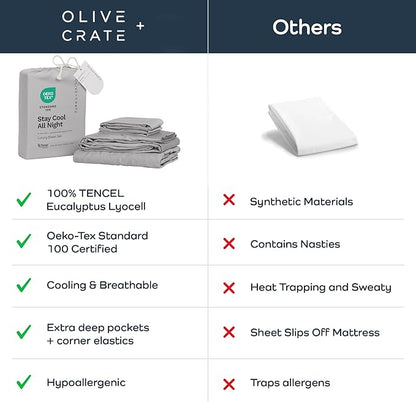 Olive + Crate Tencel Lyocell Eucalyptus Twin XL Sheets - Extra Long Sheet Set - Cooling Tencel Sheets for Hot Sleepers with 16 Inch Deep Pocket Fit - Gray Mist 3-Piece Set