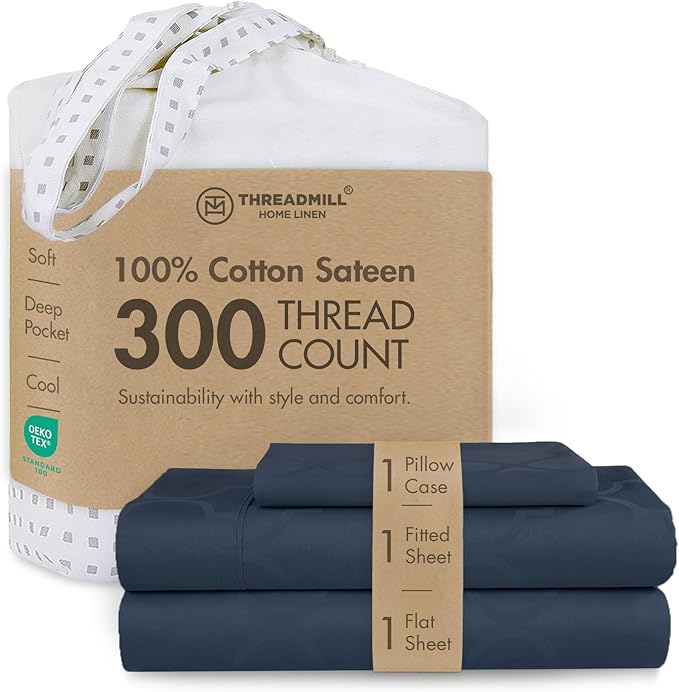 Threadmill Cotton Twin XL Sheet Set | 100% Cotton Sheets for Twin XL Size Bed | Damask Jacquard Sateen Twin XL Bed Sheets Set | 16" Deep Pocket | Soft Breathable 3pc Cooling Sheet Set | Folkstone Blue