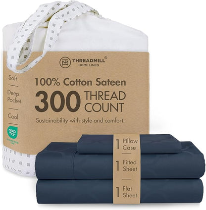 Threadmill Cotton Twin XL Sheet Set | 100% Cotton Sheets for Twin XL Size Bed | Damask Jacquard Sateen Twin XL Bed Sheets Set | 16" Deep Pocket | Soft Breathable 3pc Cooling Sheet Set | Folkstone Blue