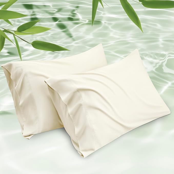 Bedsure King Size Pillow Cases Set of 2, Cooling Pillow Cases King, Rayon Derived from Bamboo Cream Pillowcases, PureWoven Silky Soft Cool Bedding Pillow Covers with Envelope Closure, 20x36 Inches