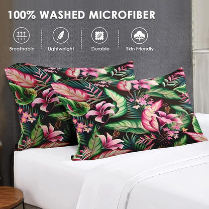 Twin Size Comforter Set with Pillowcase, Tropical Leaves Flower Hibiscus Soft 2 Pcs Bedding for Kids and Adults Bedroom Bed Decor