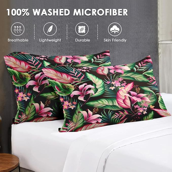 King Size Comforter Set with 2 Pillowcases, Tropical Leaves Flower Hibiscus Soft 3 Pcs Bedding for Kids and Adults Bedroom Bed Decor