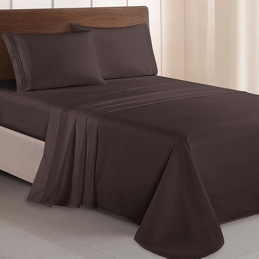 Elegant Comfort Luxurious 1500 Premium Hotel Quality Microfiber Three Line Embroidered Softest 4-Piece Bed Sheet Set, Wrinkle and Fade Resistant, Queen, Chocolate Brown