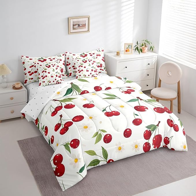 Cherry King Comforter Set with Sheets Bed in a Bag 7 Pcs,Red Cherry Fruits Rustic Style Bed Set,Watercolor Daisy Flowers Bedding Sets with Comforter,Flat,Fitted Sheet,Pillowcases,Pillow Covers