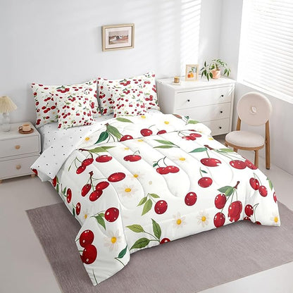 Cherry King Comforter Set with Sheets Bed in a Bag 7 Pcs,Red Cherry Fruits Rustic Style Bed Set,Watercolor Daisy Flowers Bedding Sets with Comforter,Flat,Fitted Sheet,Pillowcases,Pillow Covers