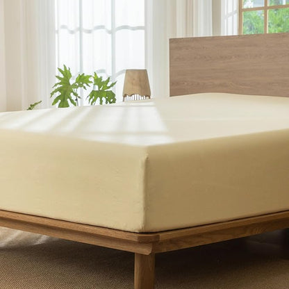 MooMee Fitted Bottom Sheet Only 100% Washed Cotton Linen Like Textured Breathable Durable Soft Comfy Deep Pocket Fits Mattress up to 17" (Heathered Butter Yellow, Full)