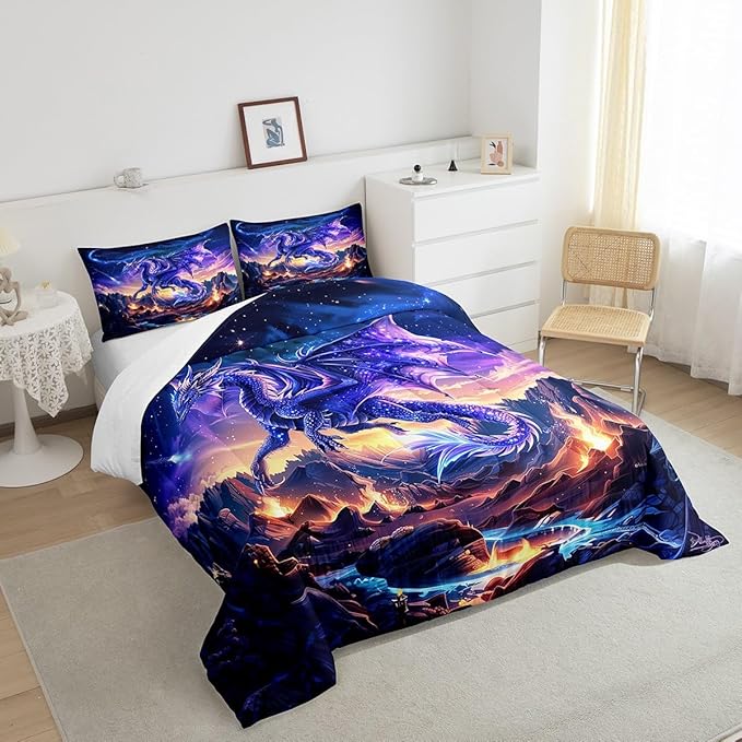Dragon Comforter Set Full Size,Magical Animals Bedding Set 3Pcs,Kids Girls Boys Teens Room Decor,Starry Sky and Flame Mountain Quilt Set Purple Western Wildlife Theme Duvet Insert,2 Pillowcases