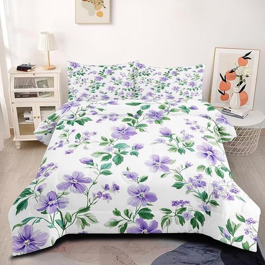 Purple White 3Pcs Vintage Botanical Floral Comforter Set Queen Size, Cottage Flowers Bedding Sets for Girls Adults, Includes 1 Comforter 90"x90" and 2 Pillowcases